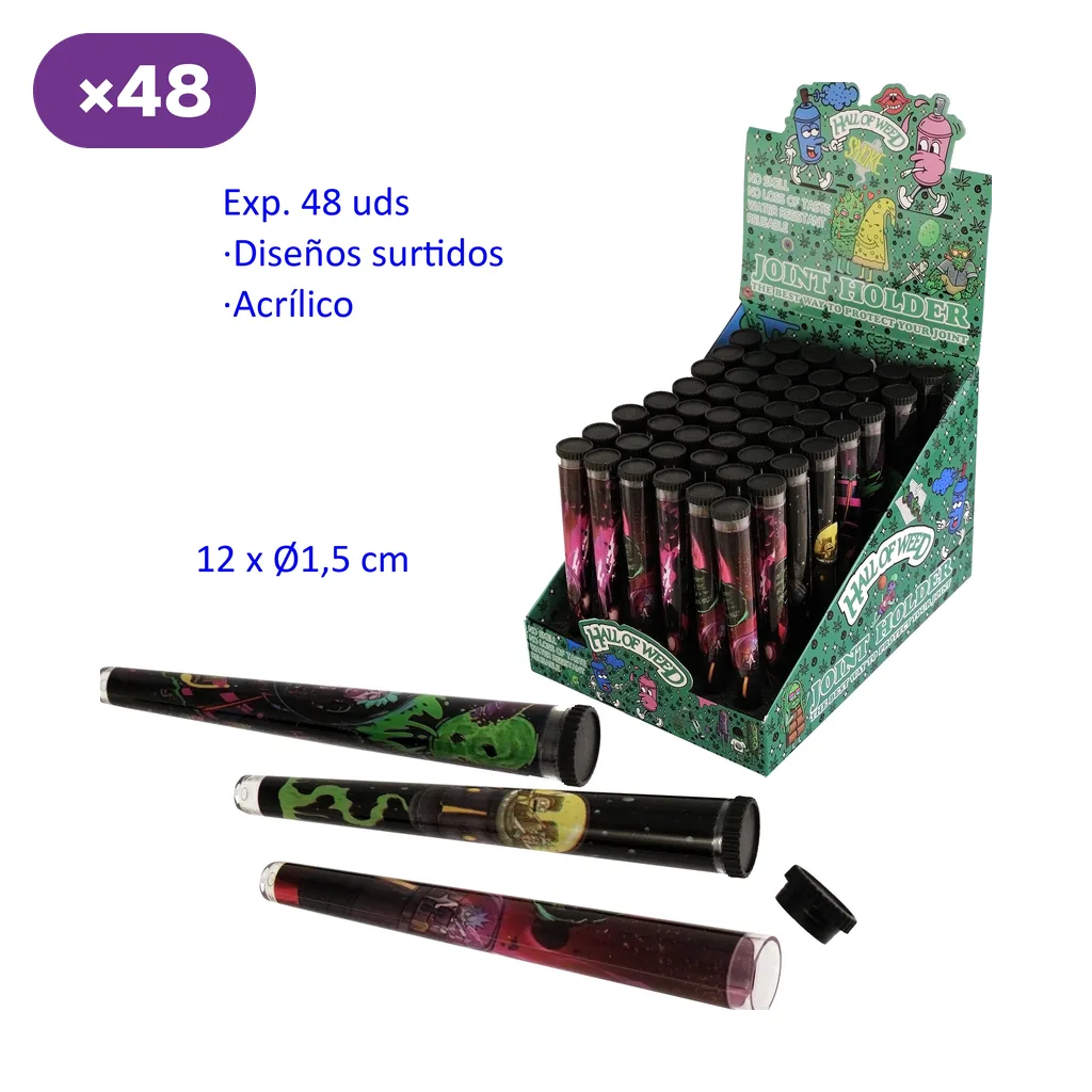 Expositor de 48 tubos guardacigarros negros con diseños variados y varias unidades en primer plano, una con el tapón retirado.