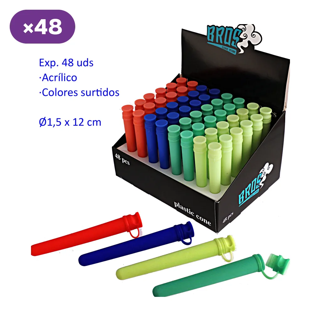 Expositor Bros con 48 tubos guarda cigarros en rojo, azul, verde y amarillo, y cuatro tubos delante con tapas unidas por una tira.