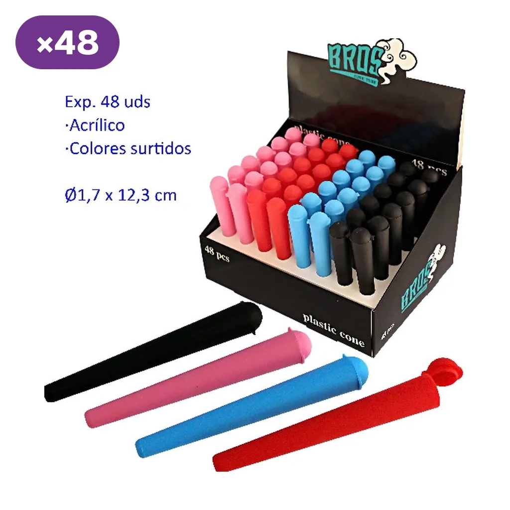 Expositor Bros con varios guarda cigarros de forma cónica en rosa, rojo, azul y negro, con modelos sueltos en primer plano.