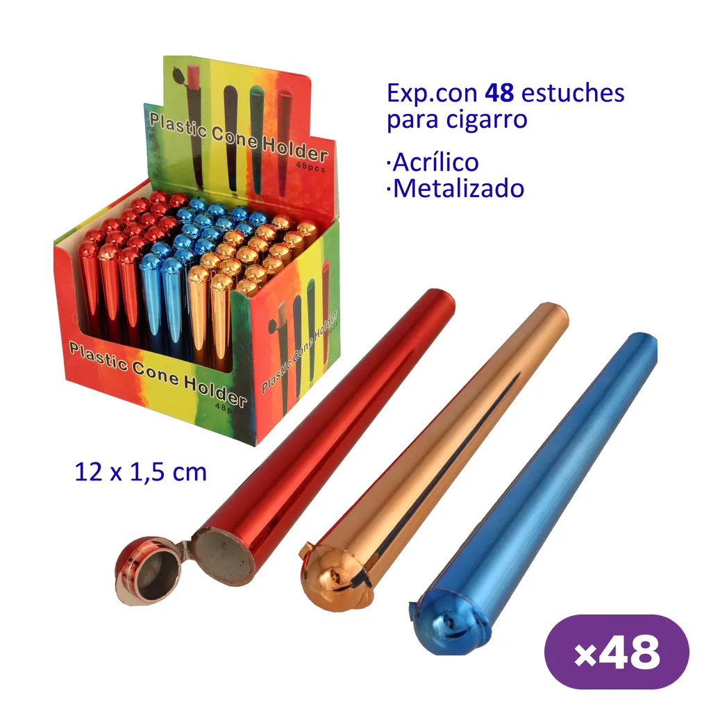 Expositor de guarda cigarros metalizados y modelos alargados en rojo, dorado y azul; el rojo muestra la tapa abierta.