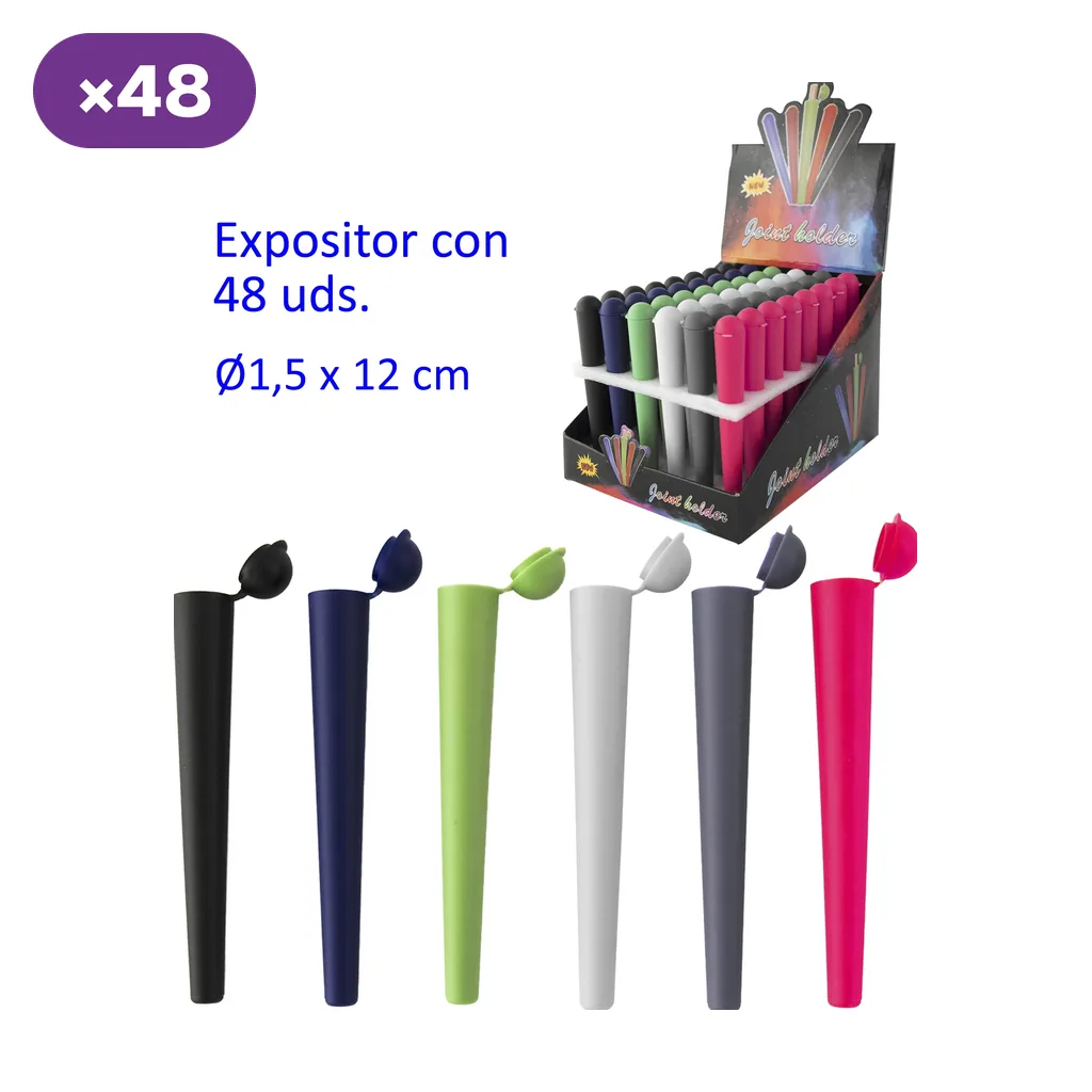Guardacigarros de plástico en varios colores con tapas abiertas, junto a un expositor rotulado con 48 unidades.
