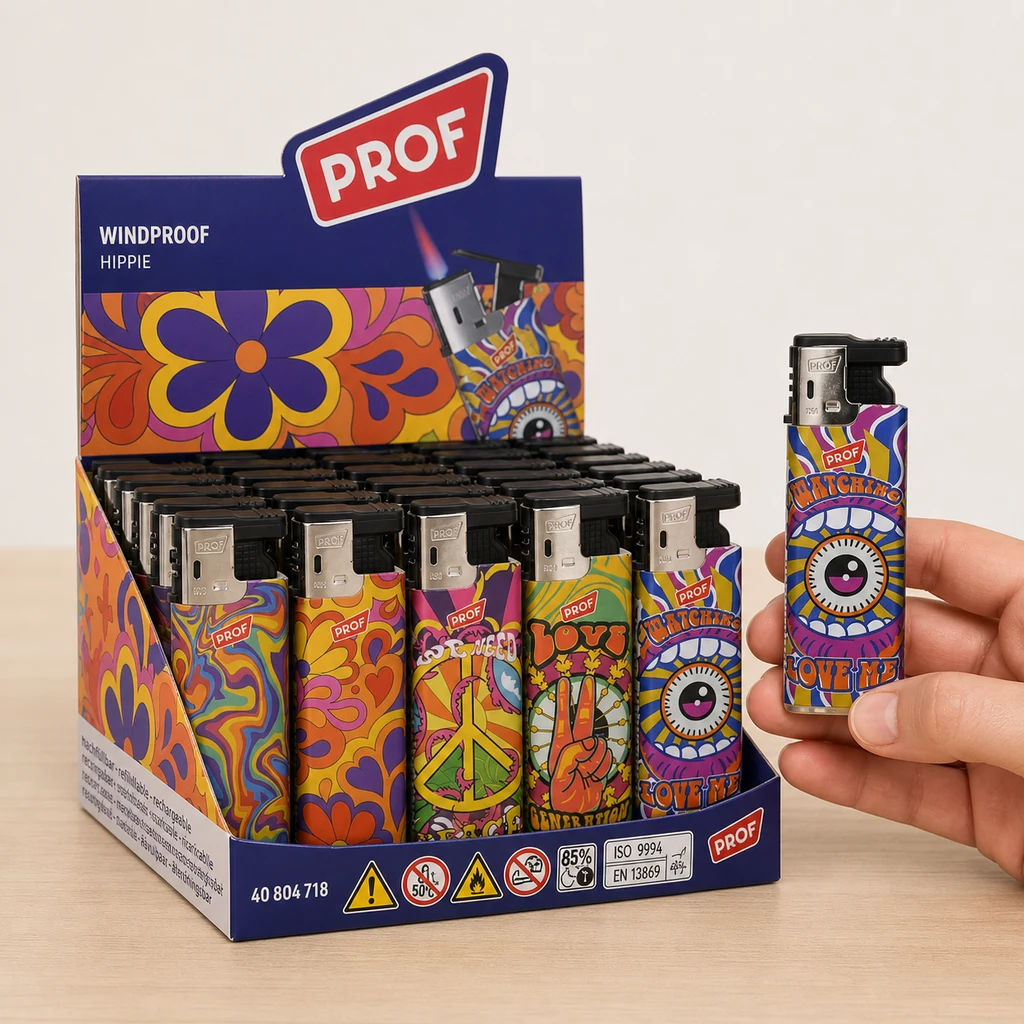 Expositor de mecheros PROF Hippie con motivos florales, símbolos de paz y ojos; una mano sostiene un modelo delante de la caja.