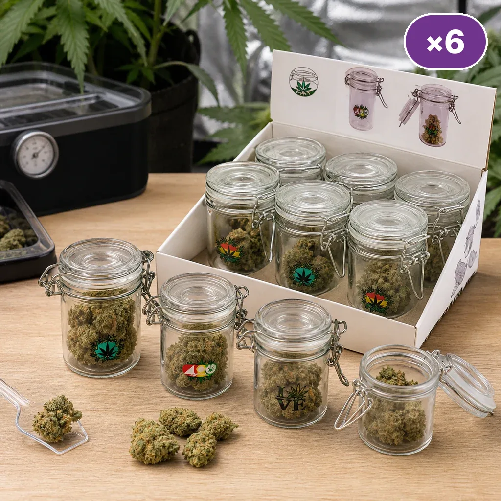 Escena generada de tarros de vidrio con cierre metálico y dibujos de cannabis, llenos de cogollos; uno abierto y un expositor con «×6».