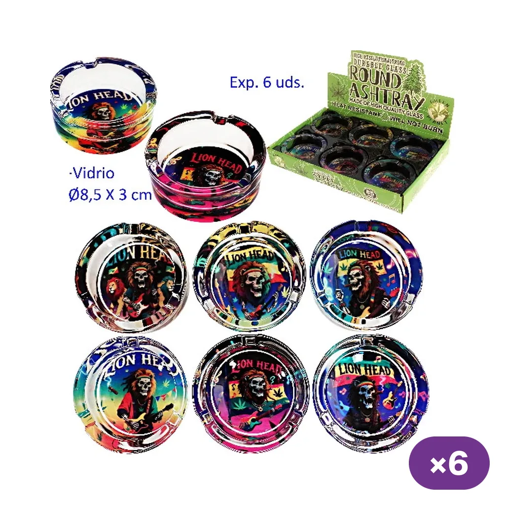 Selección de ceniceros de vidrio Lion Head con distintos diseños multicolor de leones y una caja expositora verde.