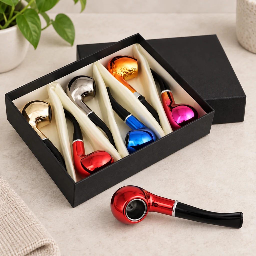 Pipas de acabado brillante en varios colores dentro de una caja con separadores claros, con una pipa roja delante sobre la mesa.
