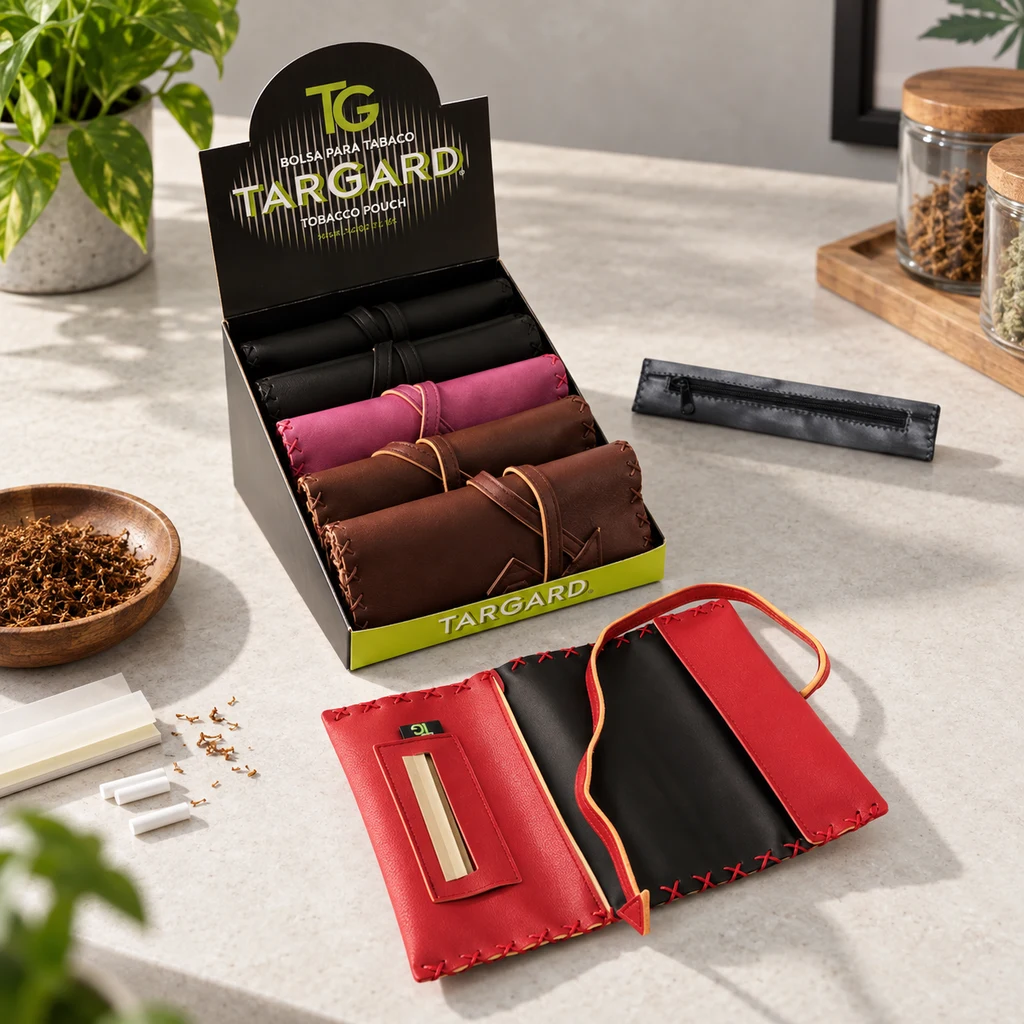 Expositor TG Targard con bolsas para tabaco negras, rosas y marrones; delante, una bolsa roja abierta y accesorios de liar. Expositor TG Targard con bolsas para tabaco negras, rosas y marrones; delante, una bolsa roja abierta y accesorios de liar.