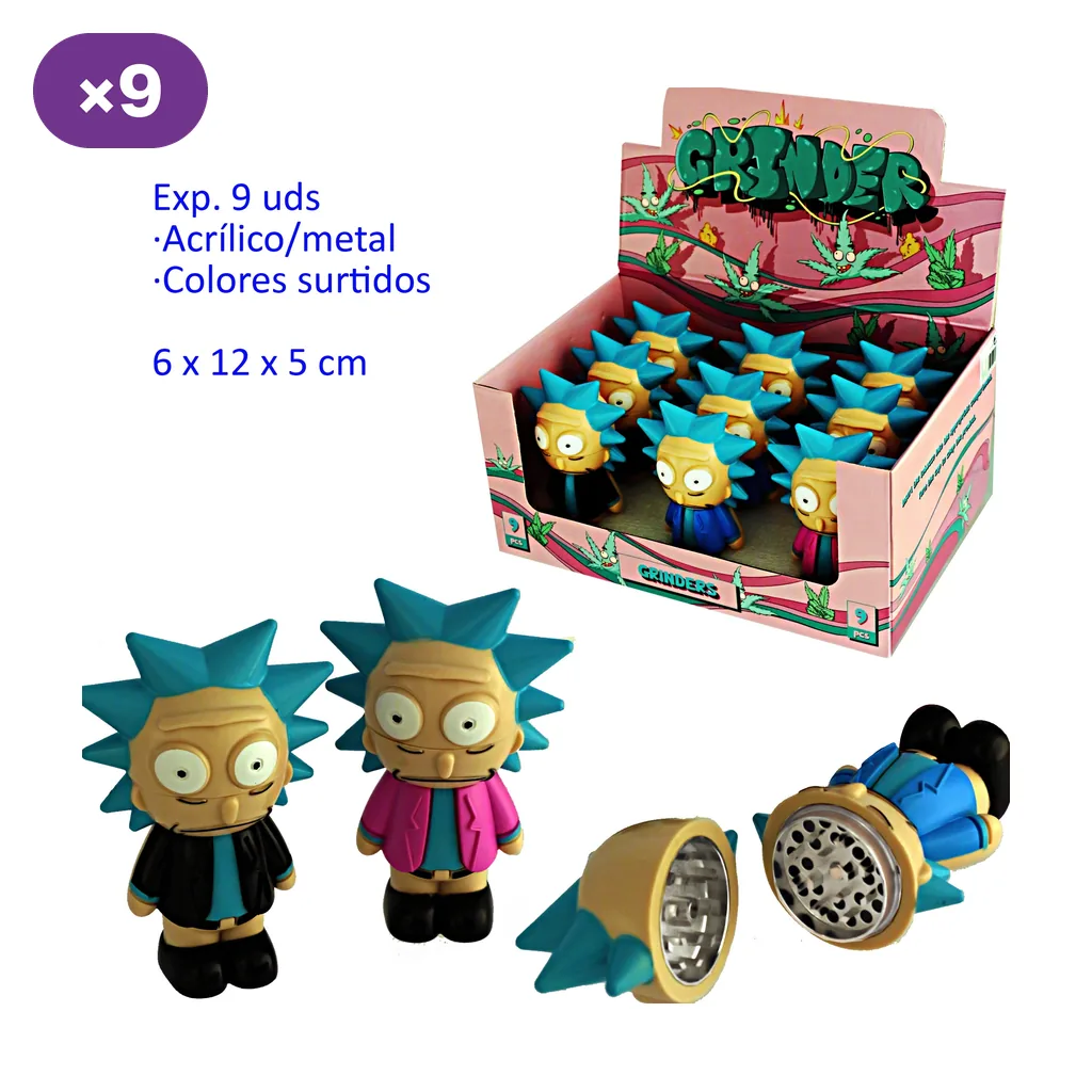 Grinders con forma de personaje de pelo azul puntiagudo y chaquetas de distintos colores, en expositor y abiertos para mostrar los dientes.