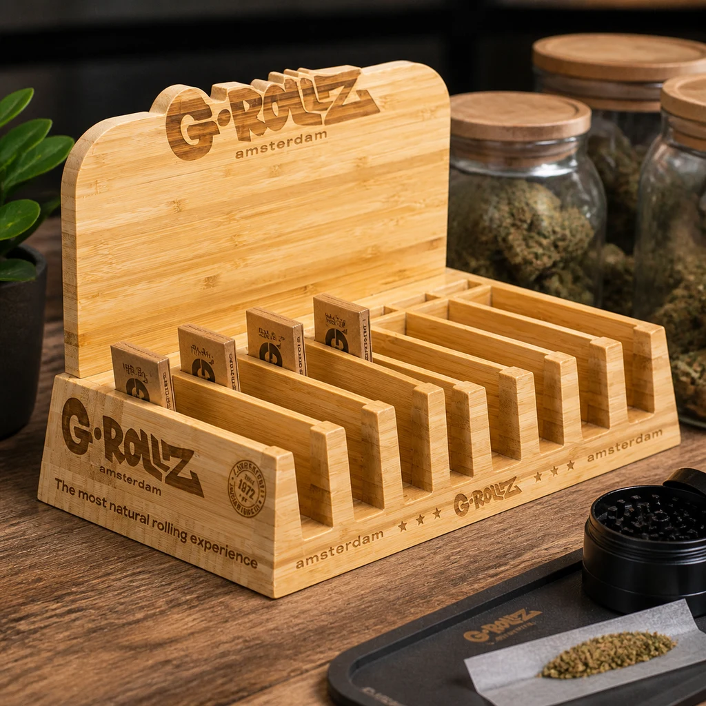 Expositor de bambú G-Rollz con compartimentos y librillos de papel, junto a tarros, una bandeja y un grinder en una escena generada.