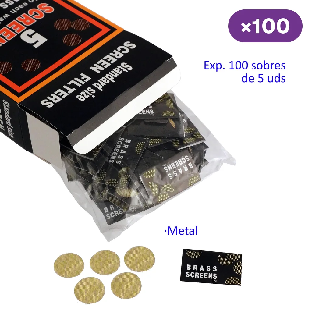 Filtros circulares de malla metálica dorada, sobres Brass Screens y caja abierta; el rótulo indica 100 sobres de 5 unidades.