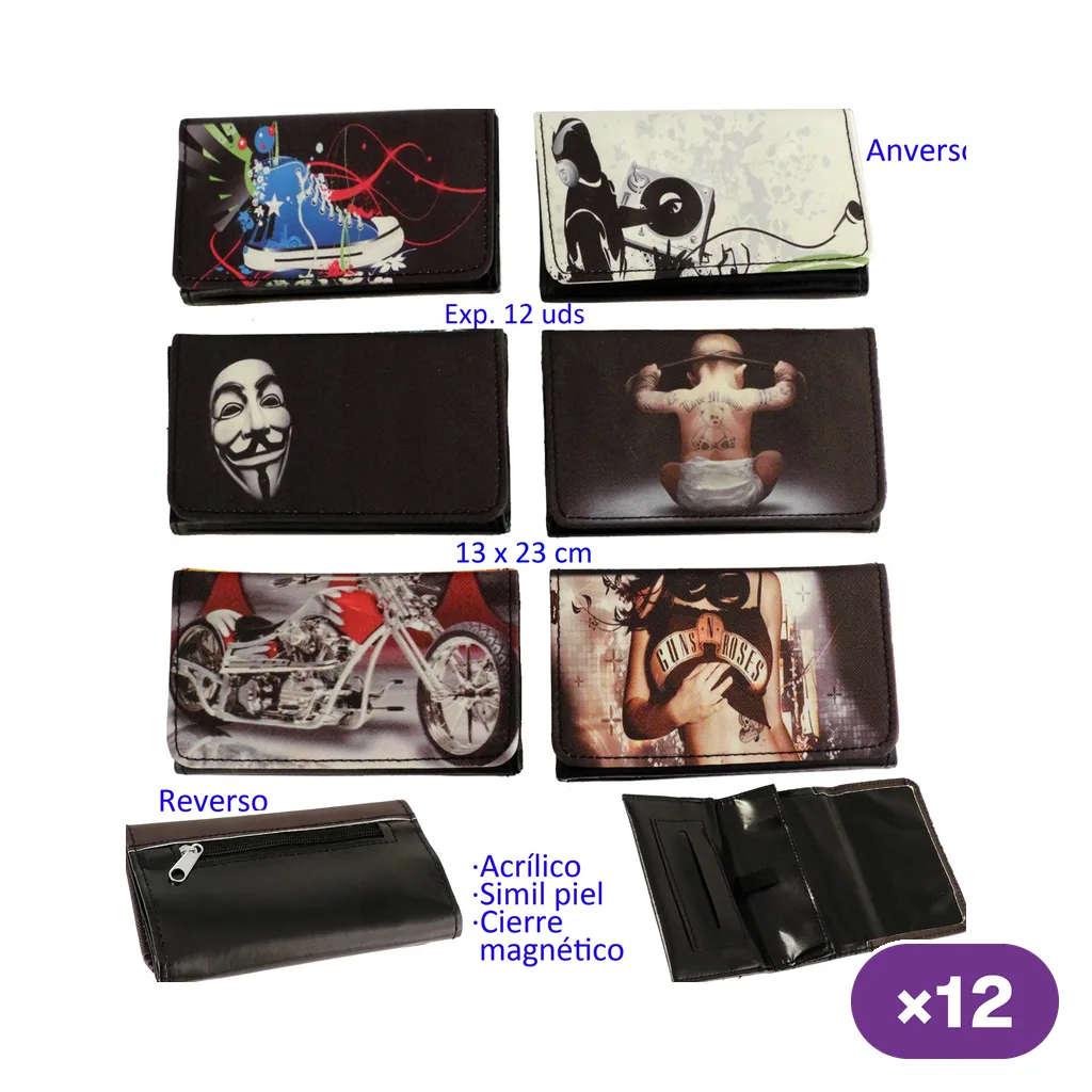 Selección de bolsas para picadura con estampados de zapatillas, auriculares, máscara y motocicleta, junto a vistas del reverso e interior.