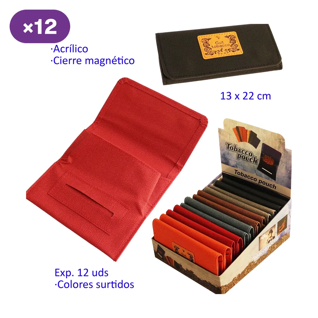 Bolsas para picadura de tabaco en colores lisos: una roja abierta, otra oscura cerrada y un expositor con varias unidades.