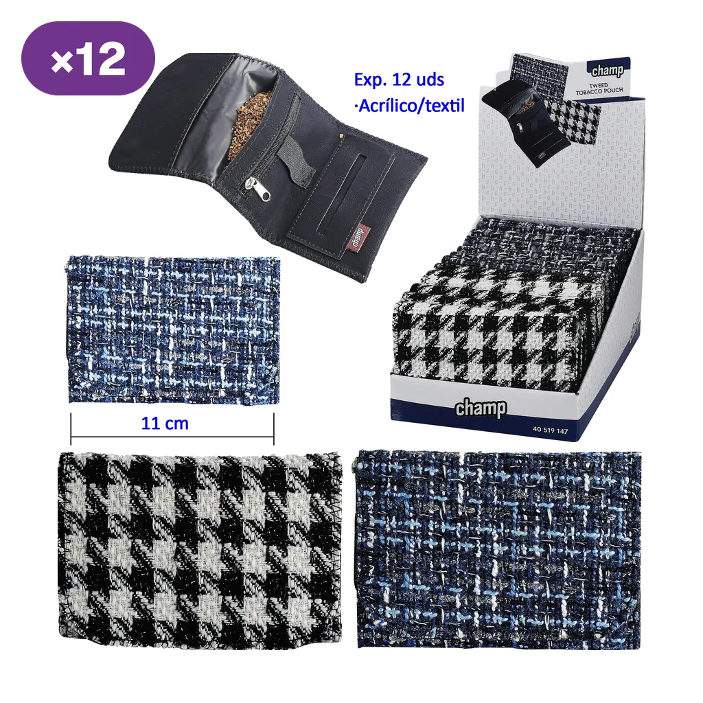 Bolsas para picadura Champ Tweed con diseños azules y de pata de gallo, una abierta con cremallera y expositor de 12 unidades.