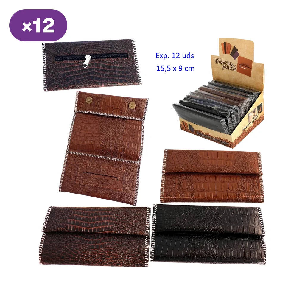 Bolsas para tabaco de 15,5 × 9 cm con textura efecto cocodrilo en tonos marrones y negro, vistas abiertas, cerradas y en expositor de 12.