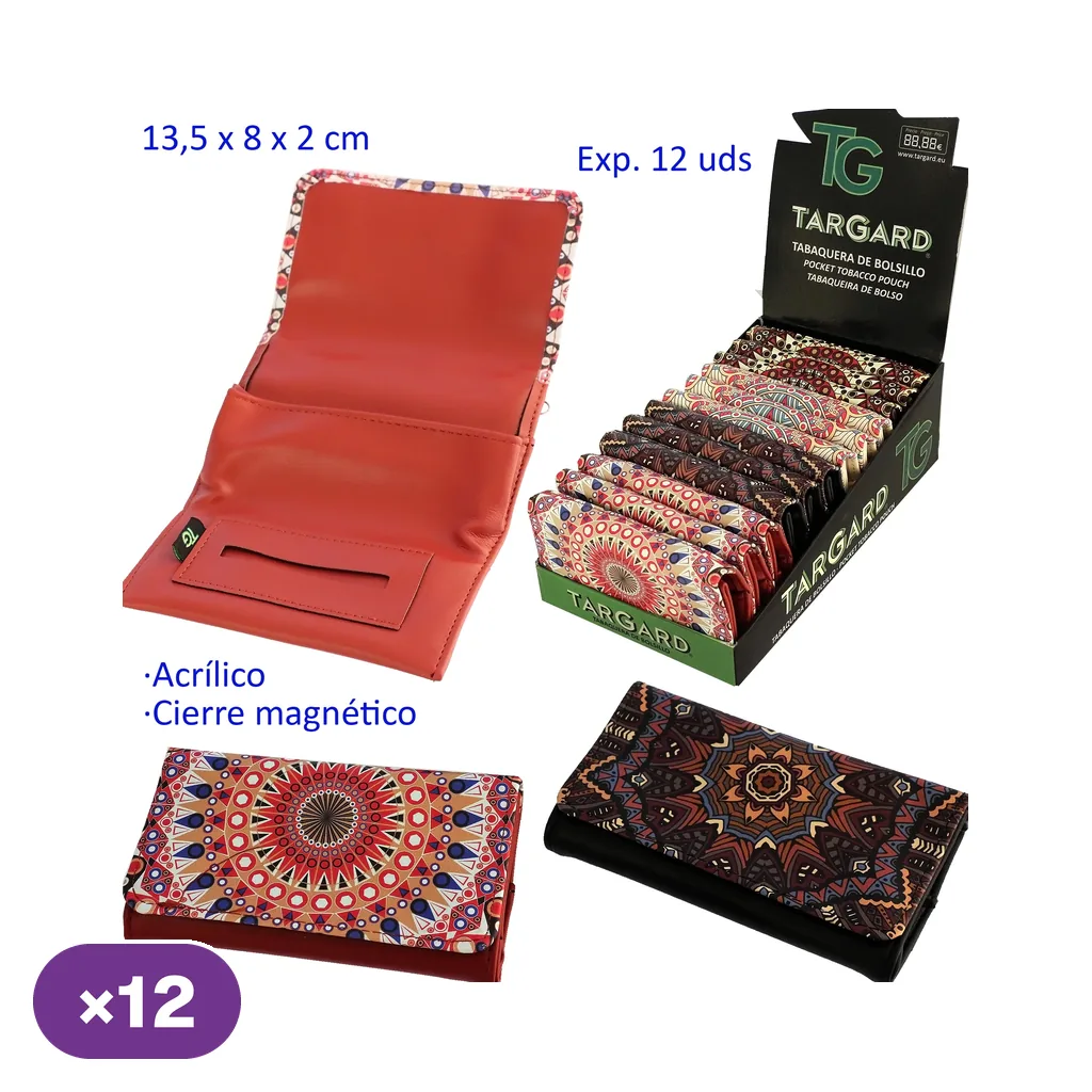 Bolsas TG para picadura con distintos estampados de mandalas: una abierta de interior rojo, dos cerradas y un expositor marcado con 12 unidades.