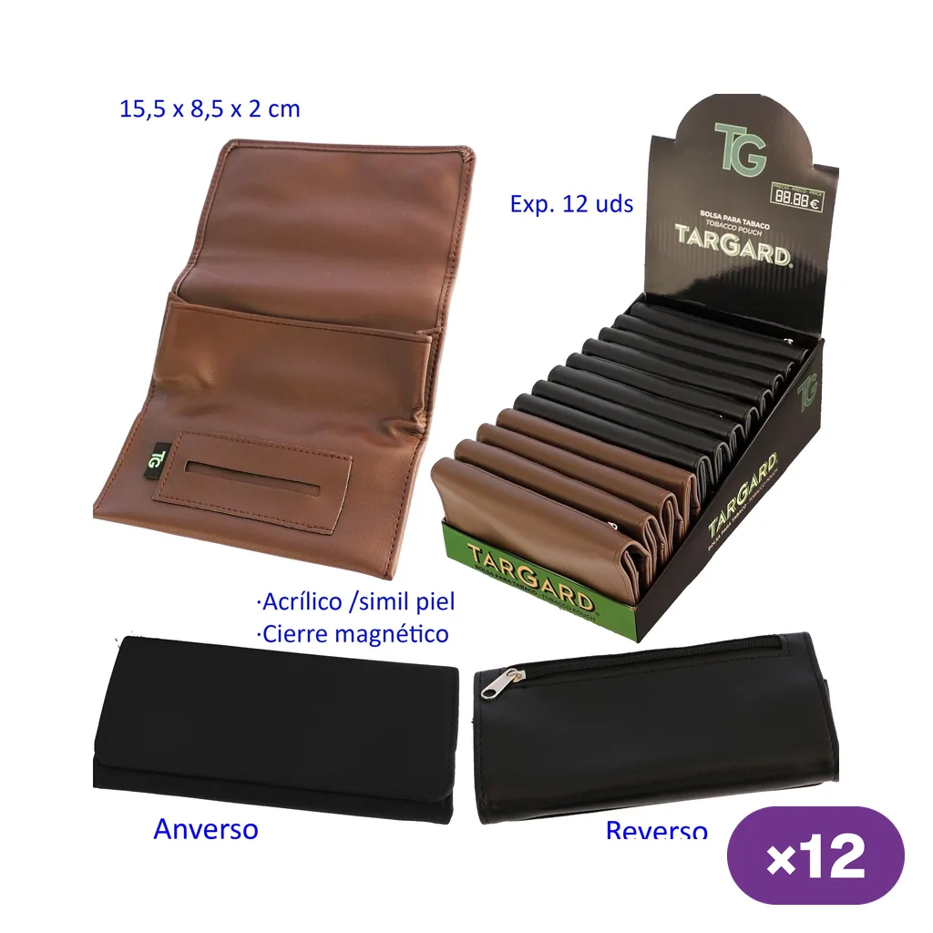 Bolsa para picadura TG marrón abierta, expositor Targard con varias unidades y vistas del anverso y reverso de un modelo negro con cremallera. Bolsa para picadura TG marrón abierta, expositor Targard con varias unidades y vistas del anverso y reverso de un modelo negro con cremallera.