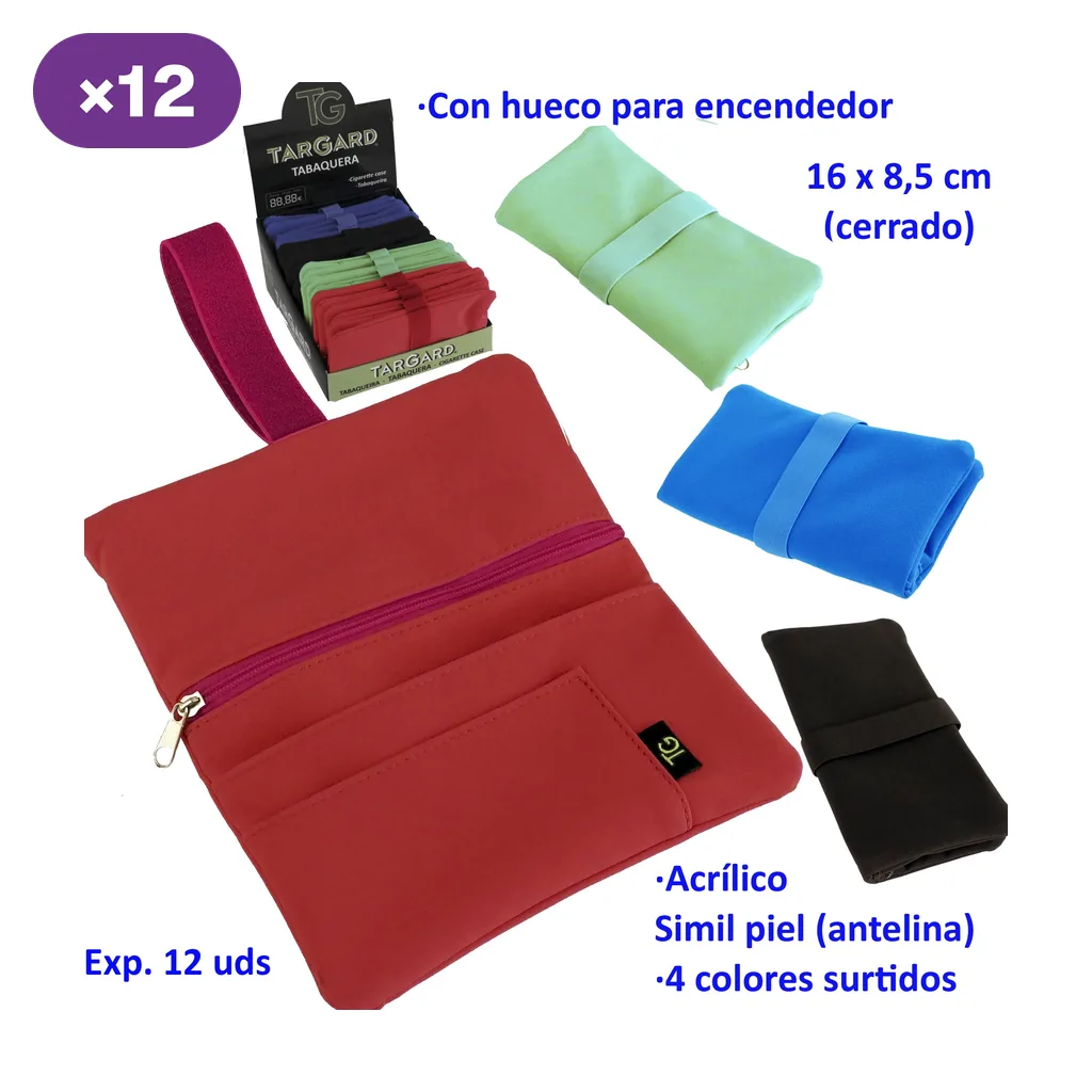 Bolsa TG para picadura abierta en rojo y cerrada en varios colores, con cremallera, bolsillo para encendedor y medidas de 16 × 8,5 cm cerrada.