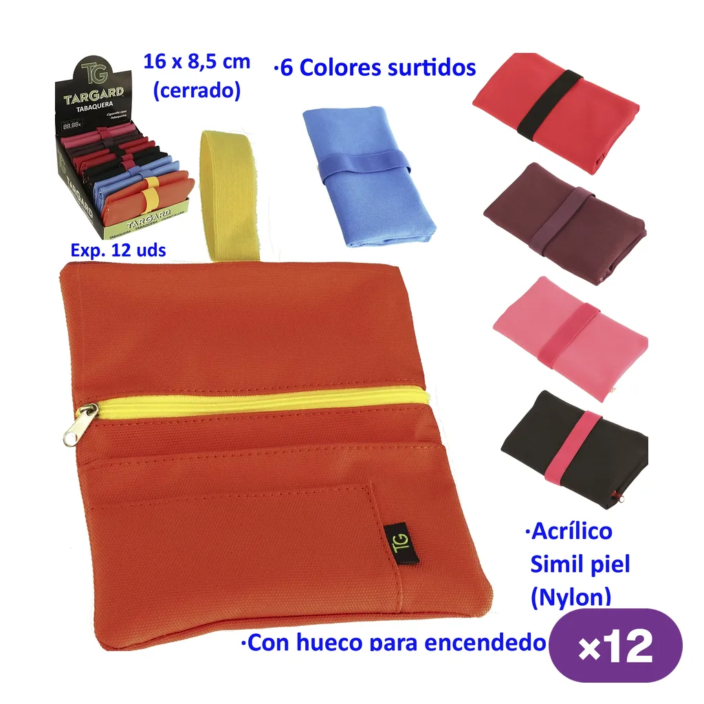 Bolsa para picadura TG abierta en naranja, con cremallera amarilla y bolsillo frontal, junto a modelos cerrados de varios colores y un expositor.