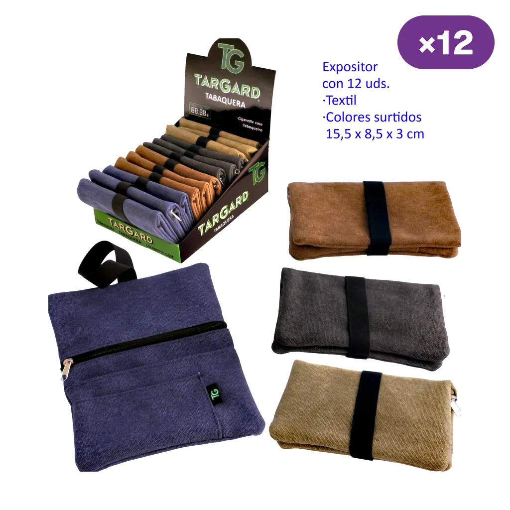 Bolsas para picadura TG en varios colores, plegadas con banda negra y una abierta con cremallera, junto a un expositor.
