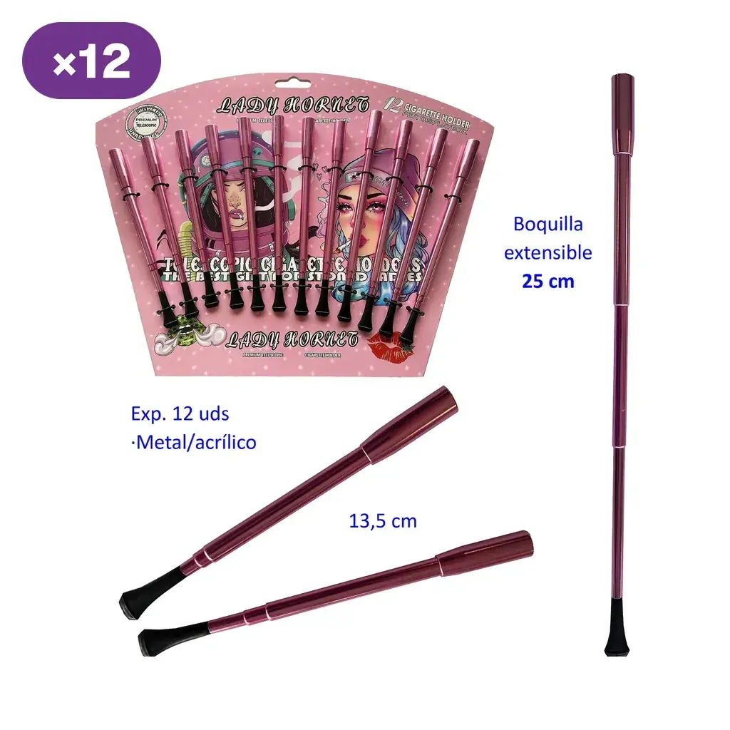Boquillas extensibles rosas Lady Hornet en expositor, con vistas individuales recogidas y extendida y extremos negros.