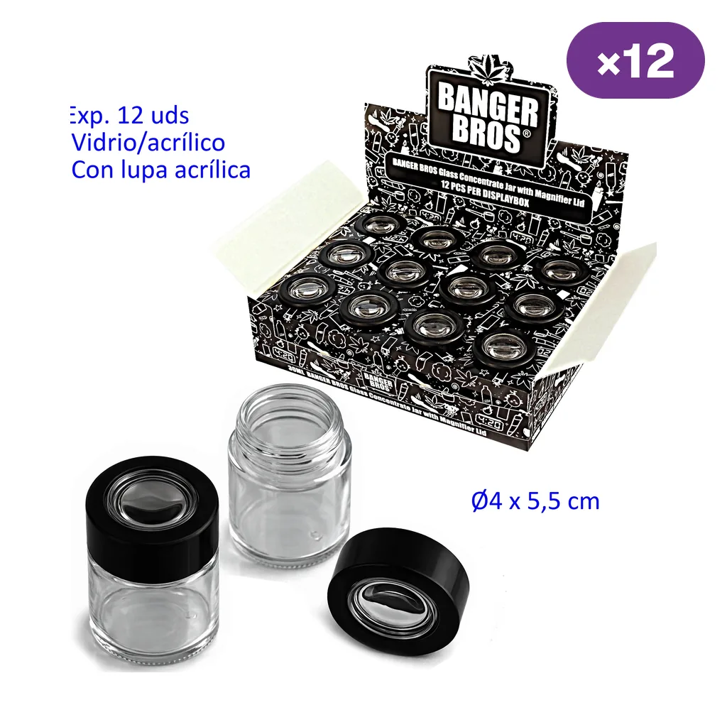 Botes transparentes con tapa negra y lupa, mostrados abiertos y cerrados junto a un expositor Banger Bros con varias unidades.