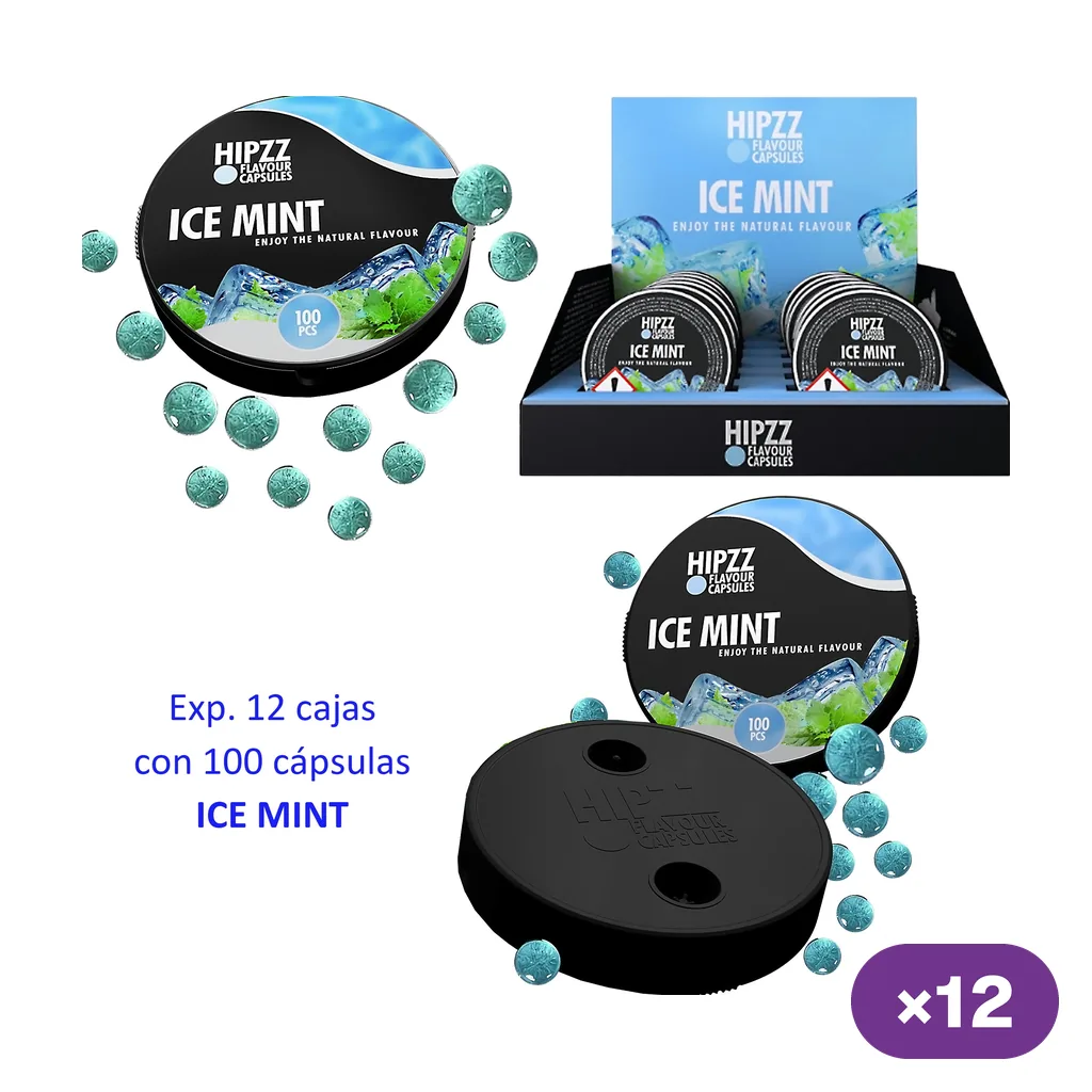 Cajitas redondas HIPZZ Ice Mint, cápsulas turquesas y expositor; el texto indica 12 cajas con 100 cápsulas y se muestra la base negra de una cajita.