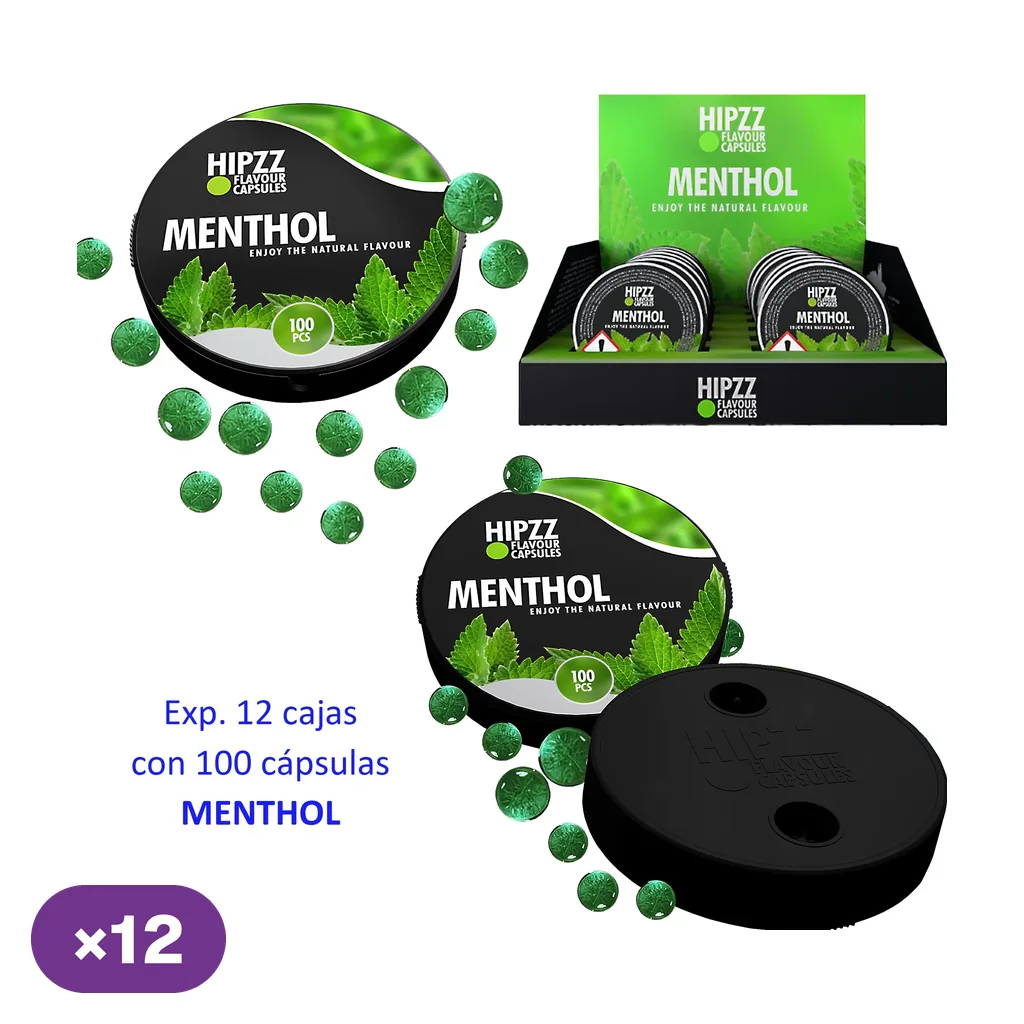 Expositor HIPZZ Menthol con estuches redondos negros y verdes, cápsulas verdes sueltas e indicación de 12 cajas de 100 cápsulas.