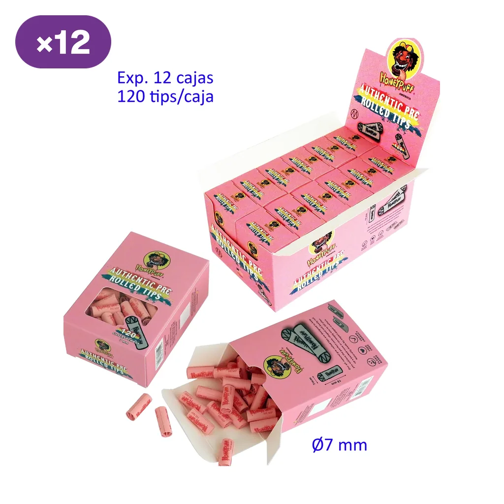 Expositor y cajitas rosas de tips de cartón enrollados, con una caja abierta; se indican 12 cajas, 120 tips por caja y diámetro de 7 mm. Expositor y cajitas rosas de tips de cartón enrollados, con una caja abierta; se indican 12 cajas, 120 tips por caja y diámetro de 7 mm.