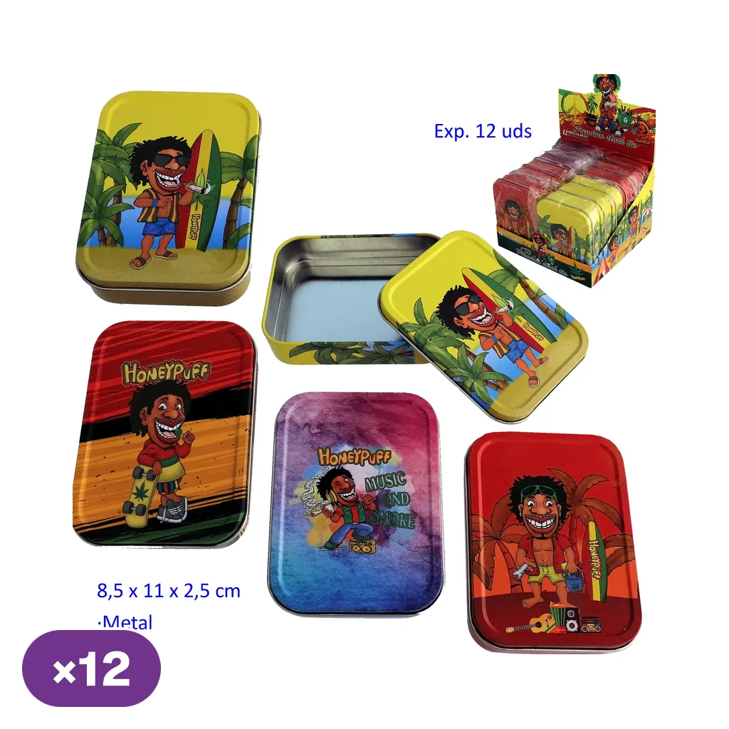 Selección de cajas metálicas HoneyPuff con distintos diseños de personajes y colores; una está abierta y al fondo aparece un expositor.
