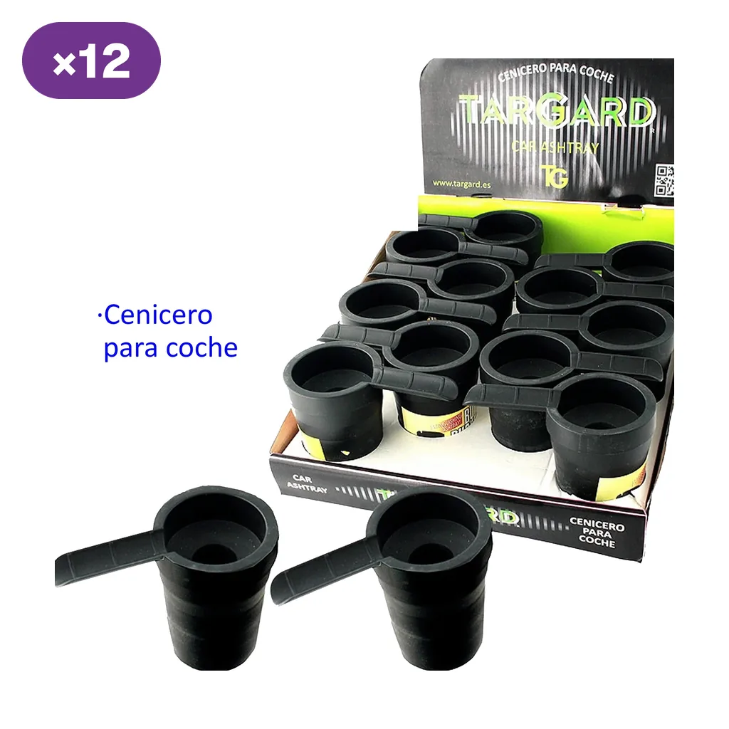 Expositor Targard con varios ceniceros negros para coche y posacigarros alargados, con unidades delante y distintivo de 12 unidades.