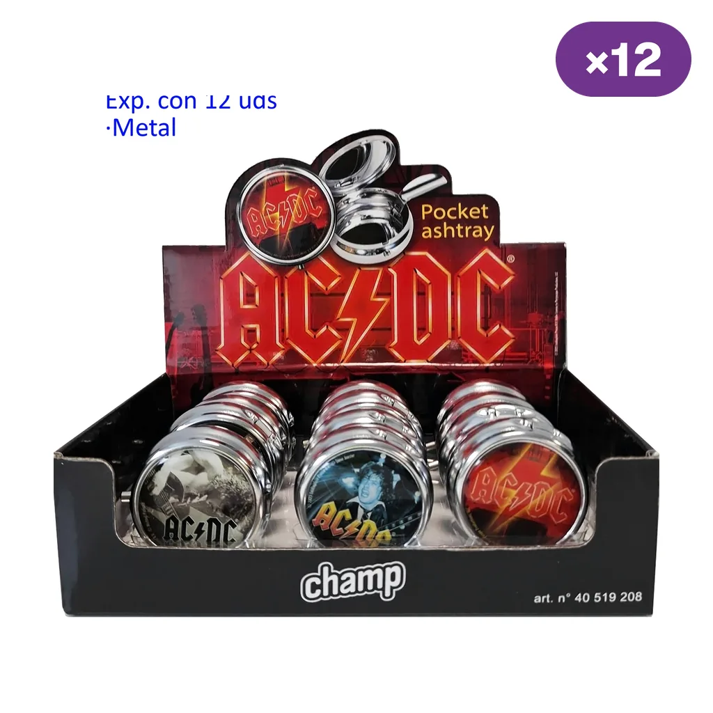 Expositor de ceniceros de bolsillo redondos con distintos diseños de AC/DC, bordes plateados y distintivo «×12».