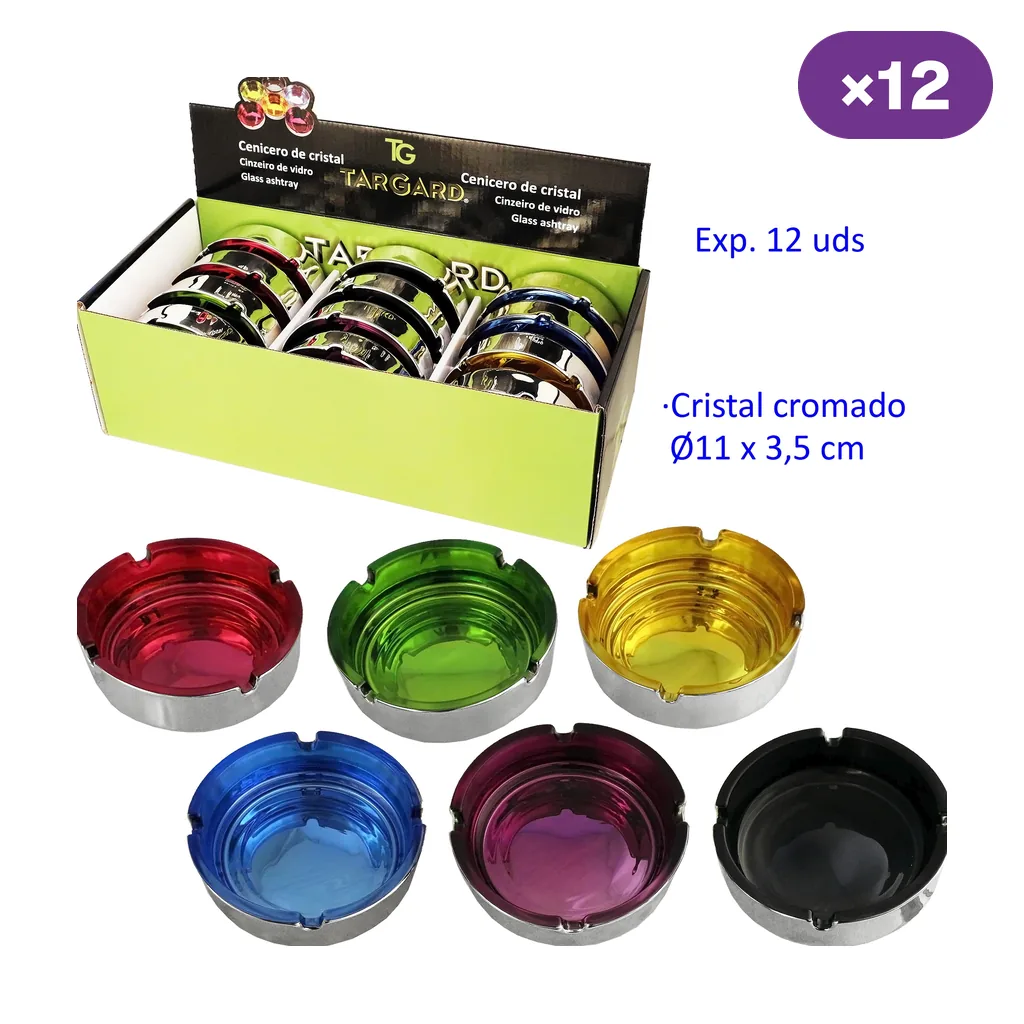 Ceniceros de cristal en varios colores, con borde inferior plateado y muescas, junto a una caja expositora Targard.