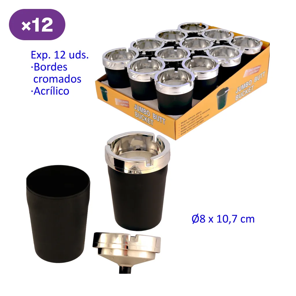 Cenicero de coche negro con borde cromado, mostrado montado y con la tapa separada, junto a una caja expositora con varias unidades.