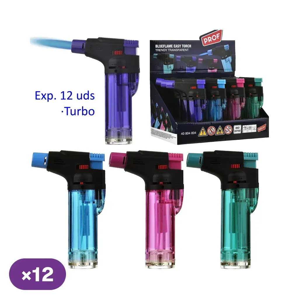 Encendedores turbo Prof Easy Torch Trendy en varios colores, con cabezal negro, uno con llama azul y expositor rotulado de 12 unidades.