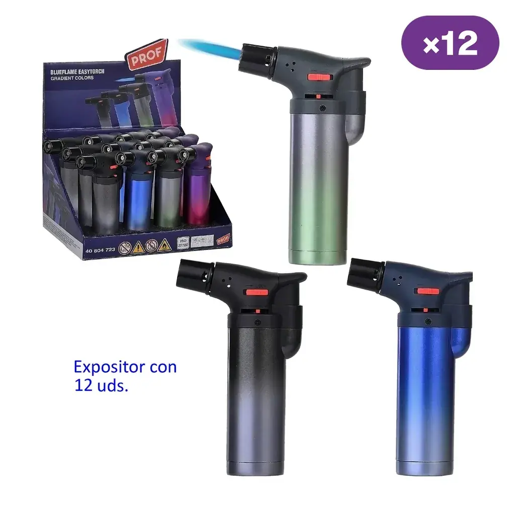 Expositor Prof Easy Torch marcado con 12 unidades y encendedores de distintos degradados; uno aparece con una llama azul.
