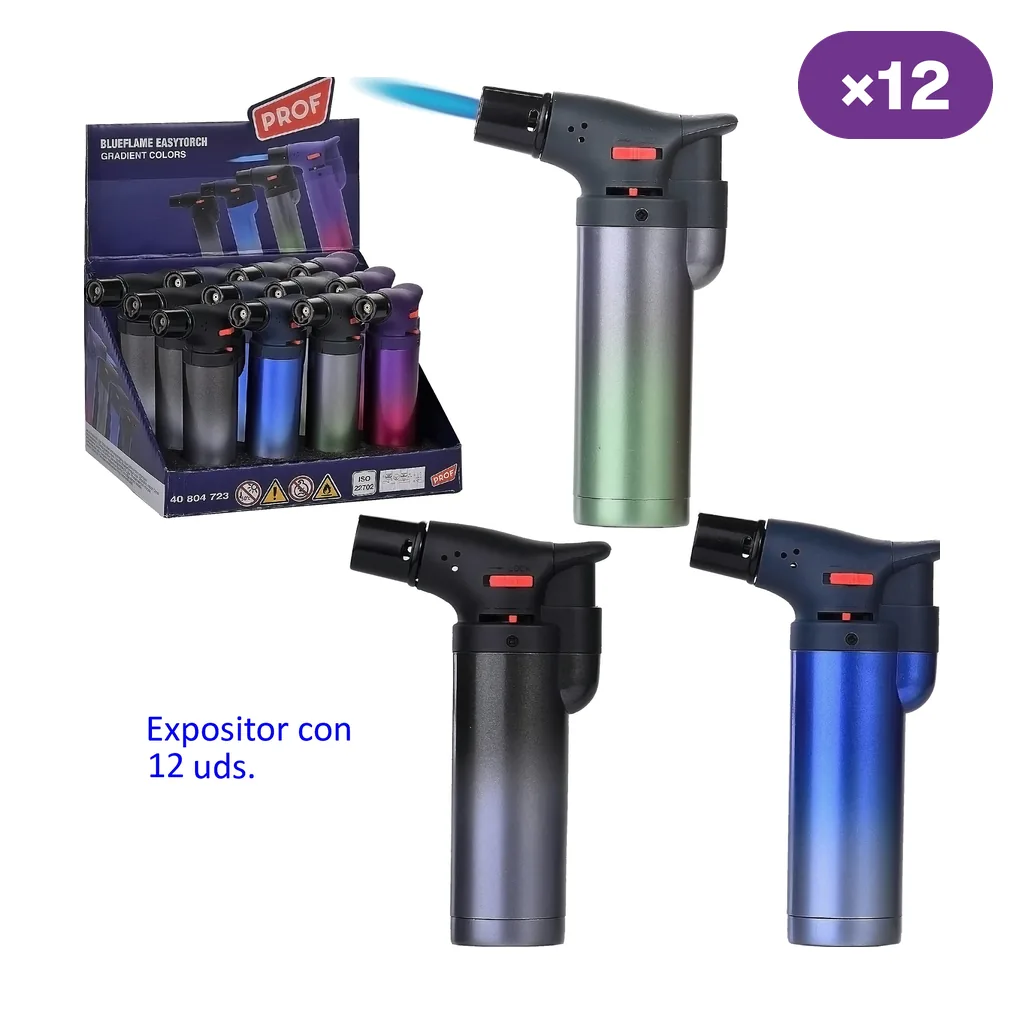 Expositor Prof Easy Torch marcado con 12 unidades y encendedores de distintos degradados; uno aparece con una llama azul.