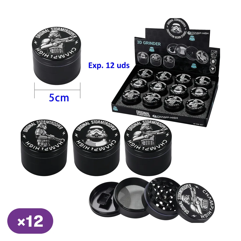 Grinders negros Champ High con distintos diseños de Stormtrooper, expositor con varias unidades y un modelo desmontado que muestra dientes y malla.