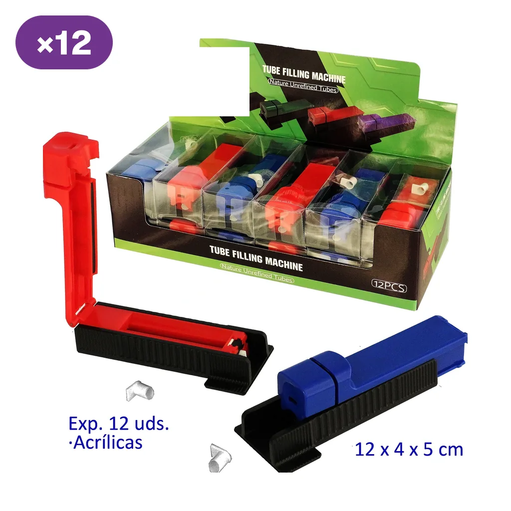 Expositor de máquinas para llenar tubos en colores surtidos, con un modelo rojo abierto y otro azul cerrado en primer plano.