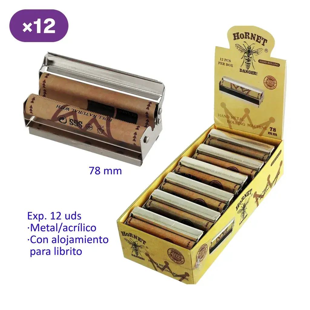 Máquina de liar Hornet de 78 mm con rodillos marrones, junto a una caja expositora amarilla con varias unidades.