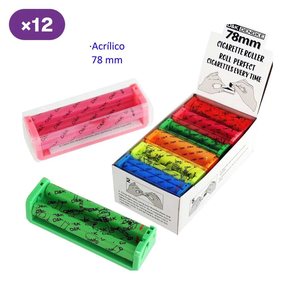 Máquinas de liar D&K de varios colores en una caja expositora abierta, con modelos rosa y verde fuera y un distintivo de 12 unidades.
