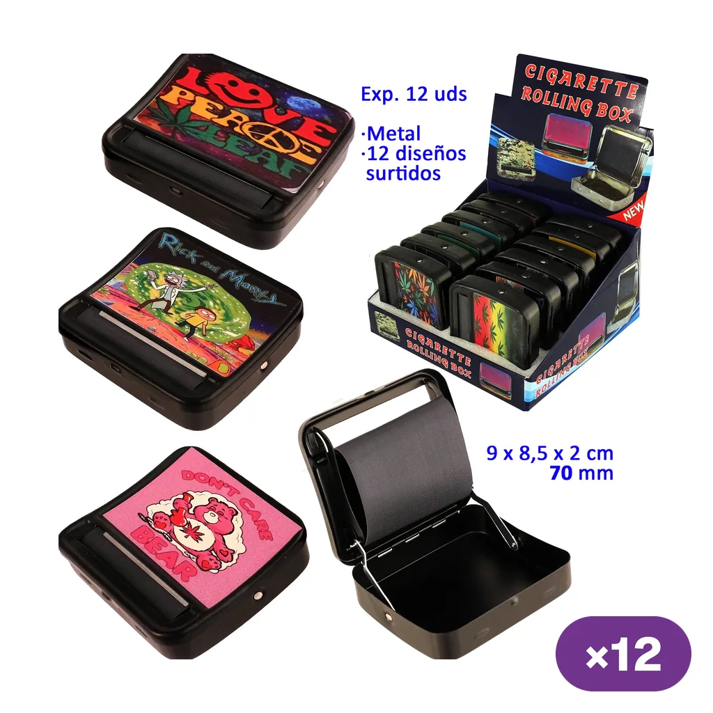 Selección de máquinas de liar en caja negra con diseños gráficos variados, junto a un expositor y una unidad abierta que muestra el rodillo.