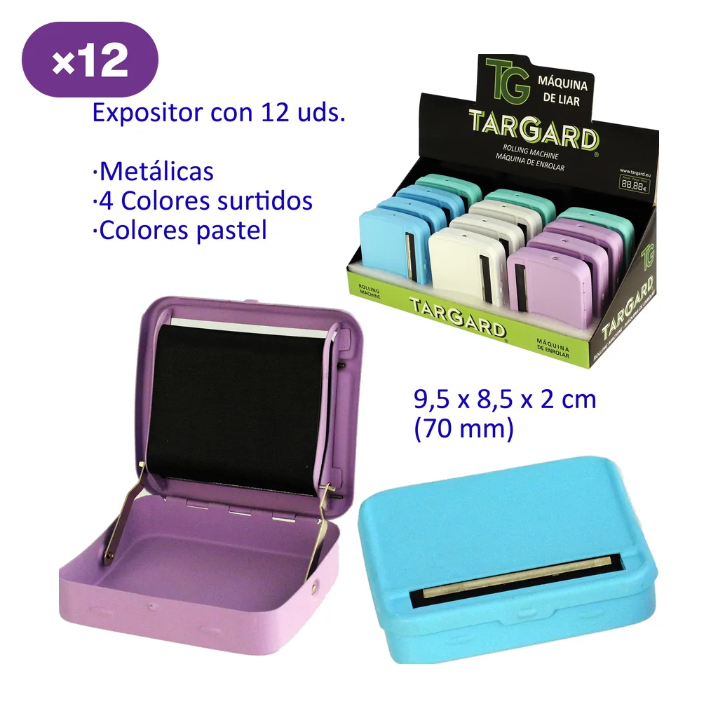 Máquinas de liar TG en colores pastel: modelo morado abierto, azul cerrado y expositor con varias unidades sobre fondo blanco. Máquinas de liar TG en colores pastel: modelo morado abierto, azul cerrado y expositor con varias unidades sobre fondo blanco.