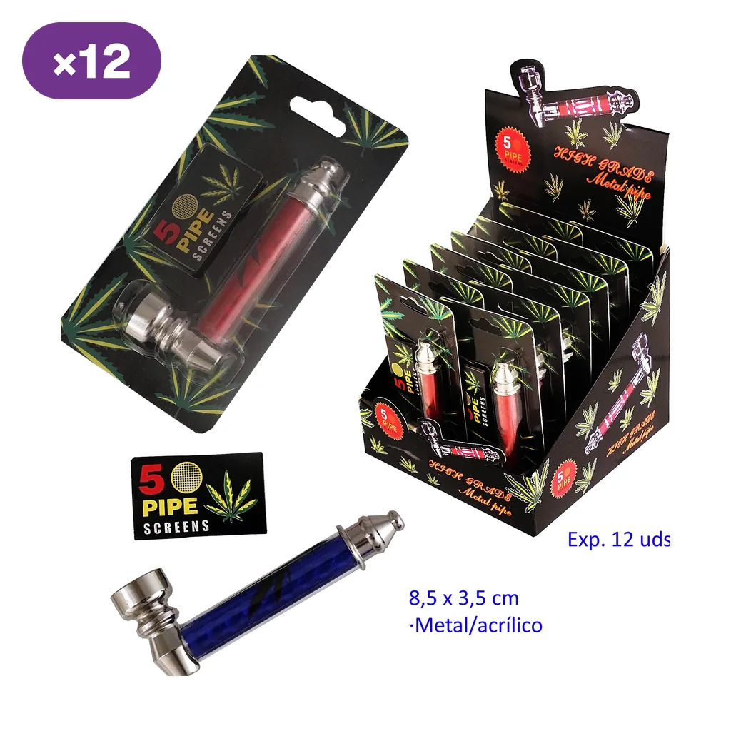 Pipas de cuerpo rojo y azul con extremos metálicos, mostradas sueltas y en blíster junto a un expositor y un sobre de rejillas.