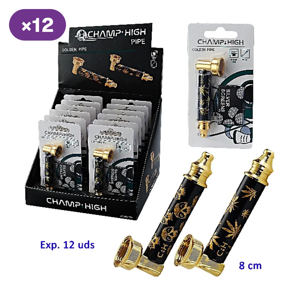 Expositor de pipas Champ High Golden en blíster y dos modelos negros con extremos dorados, decorados con calaveras o con hojas.