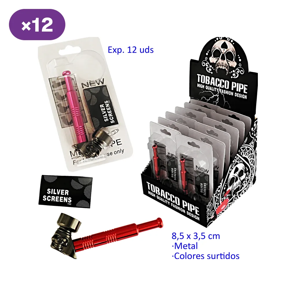 Expositor rotulado con 12 unidades de pipas metálicas en blíster, con una pipa roja de cazoleta con calavera y sobres de rejillas.