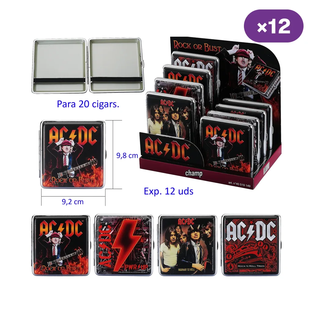 Selección de pitilleras AC/DC con distintos diseños, un expositor y una pitillera abierta que muestra las bandas interiores de sujeción.