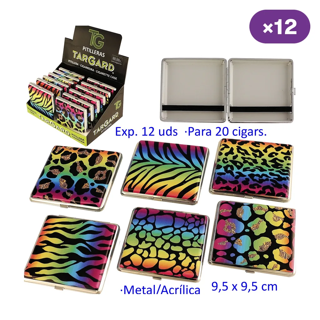 Selección de pitilleras TG con distintos estampados animales multicolor, junto a una abierta con bandas interiores y un expositor.