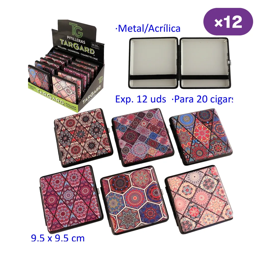Selección de pitilleras TG con distintos mosaicos multicolores, un estuche abierto con bandas interiores y un expositor rotulado con 12 unidades.