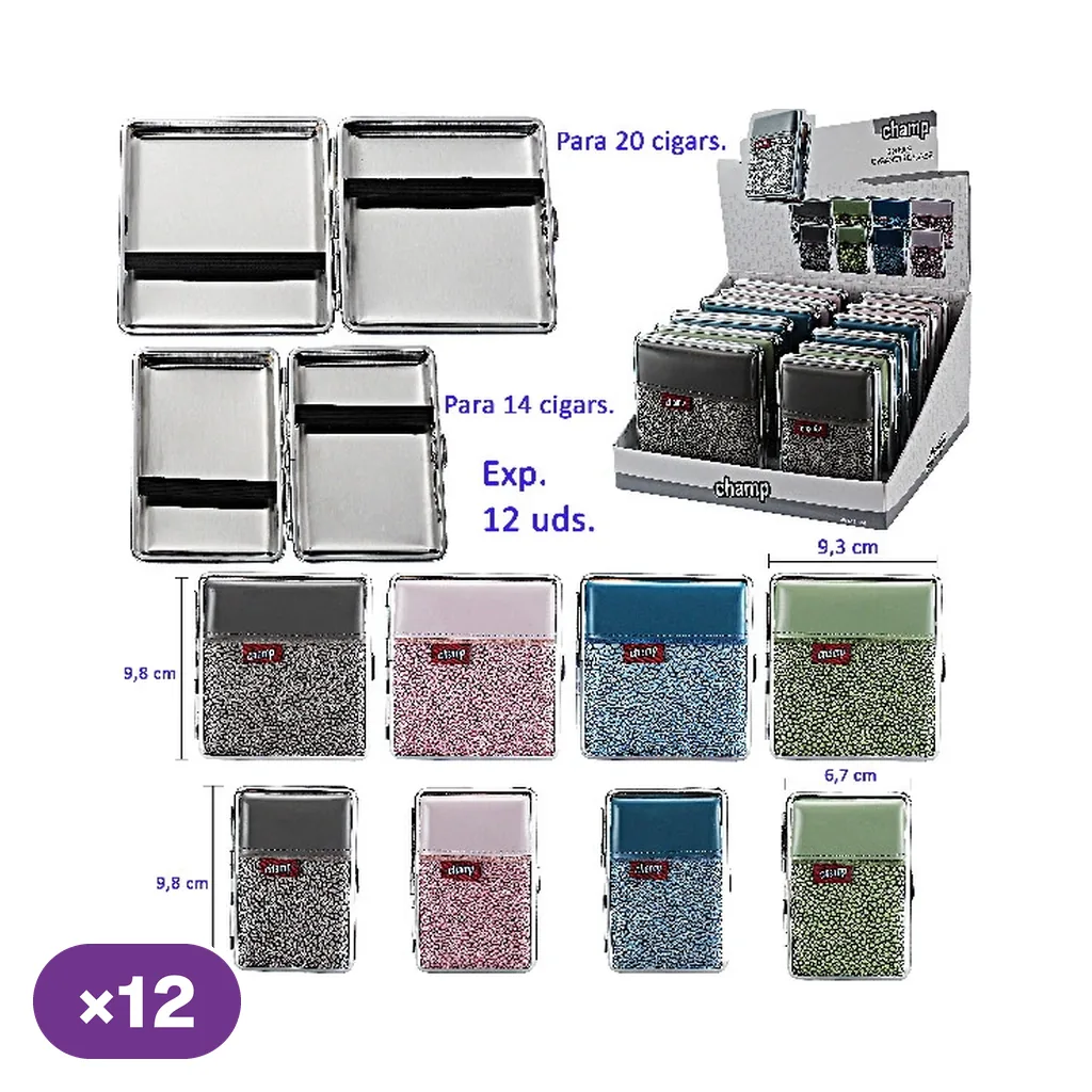 Selección de pitilleras Champ High Snake en formatos para 20 y 14 cigarrillos, abiertas y cerradas, con distintos colores y expositor.