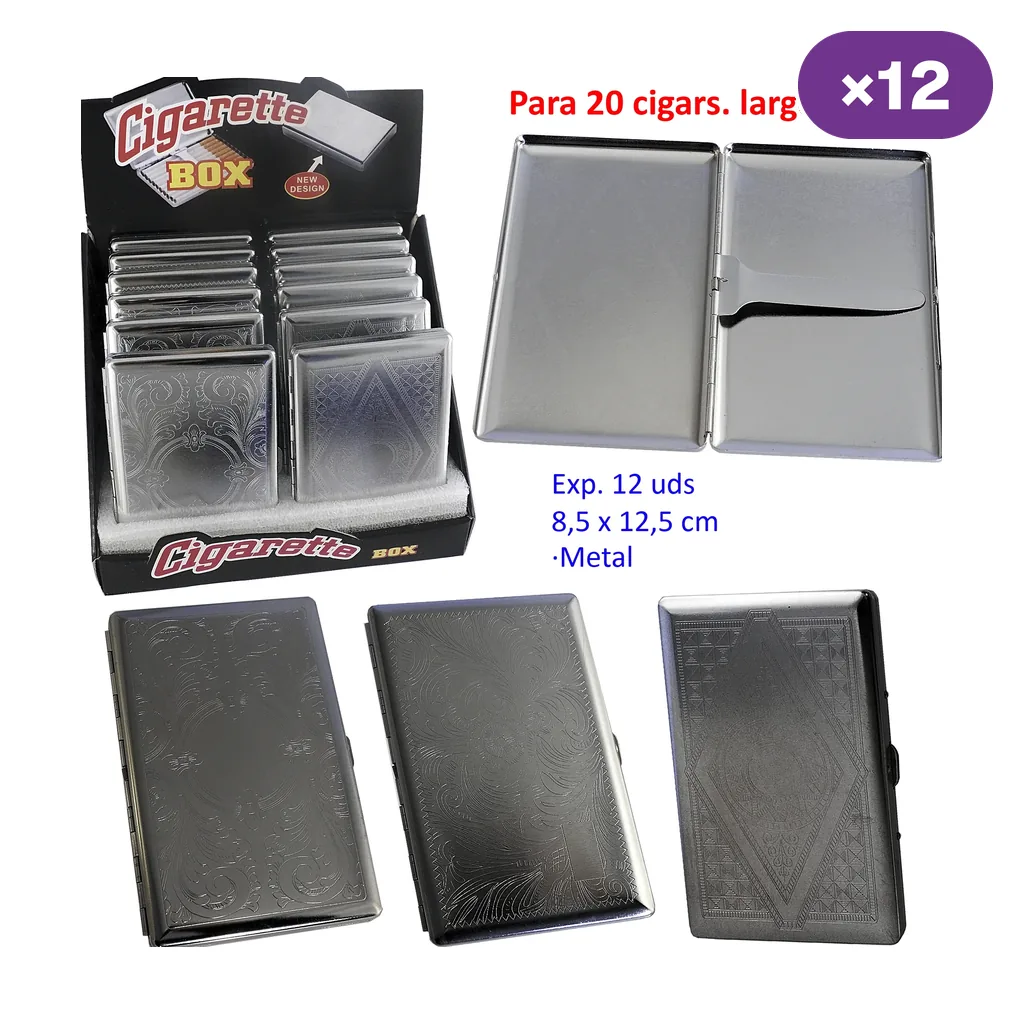 Pitilleras metálicas plateadas con distintos grabados decorativos, mostradas cerradas, abiertas y en un expositor.