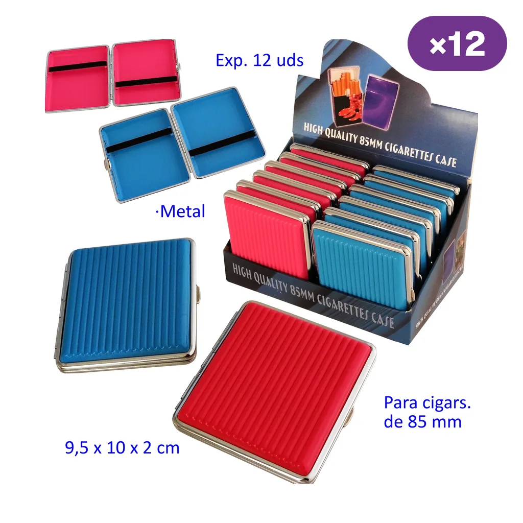 Pitilleras metálicas rosas y azules con relieve de rayas, mostradas cerradas, abiertas con bandas negras interiores y en expositor.